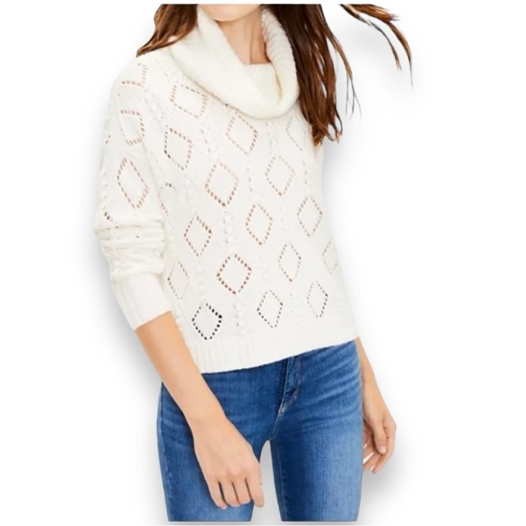 LOFT Small Whisper White Bobble Knit Wool Blend Long Sleeve Turtleneck Sweater - Picture 1 of 8